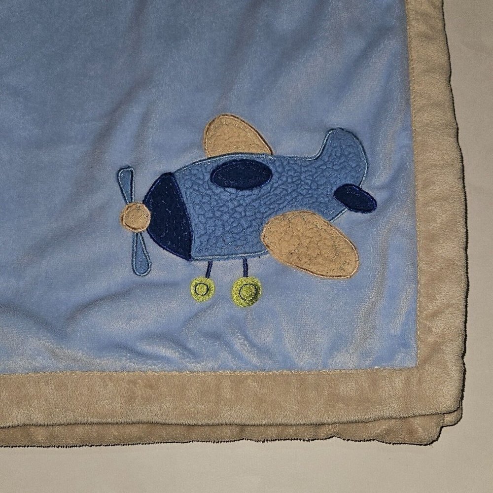 RN 119741 Blue Brown Airplane Fleece Baby Blanket Tan Green 31x38